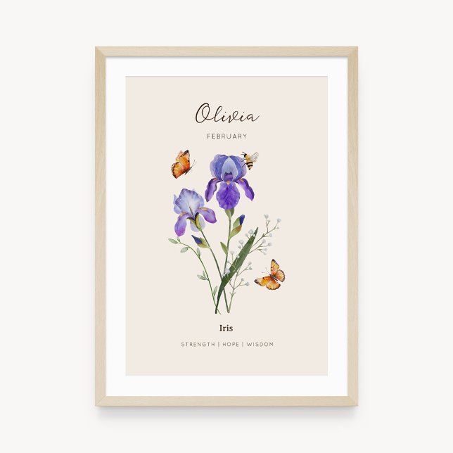 Poster Cartaz da Flor do Mês de Nascimento Íris (Example of iris birth flower poster once framed. )