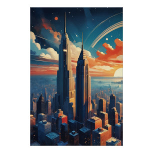Póster Cartaz da Paisagem Urbana Futurista ao Nascer do S