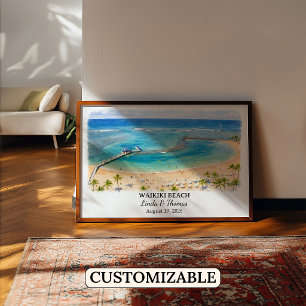 Poster Cartaz da Praia de Waikiki no Havaí, Aquarela, Hon