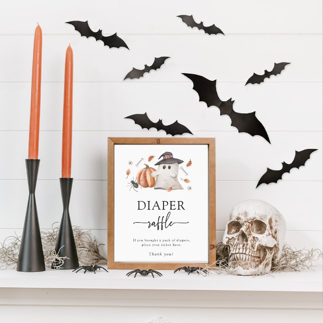 Poster Cartaz da Rifa de Fraldas de Halloween (Halloween Diaper Raffle Game Sign A Little Boo Is Almost Due Ghost Pumpkin Baby Shower)