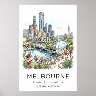 Poster Cartaz da Silhueta de Melbourne - Paisagem Urbana 