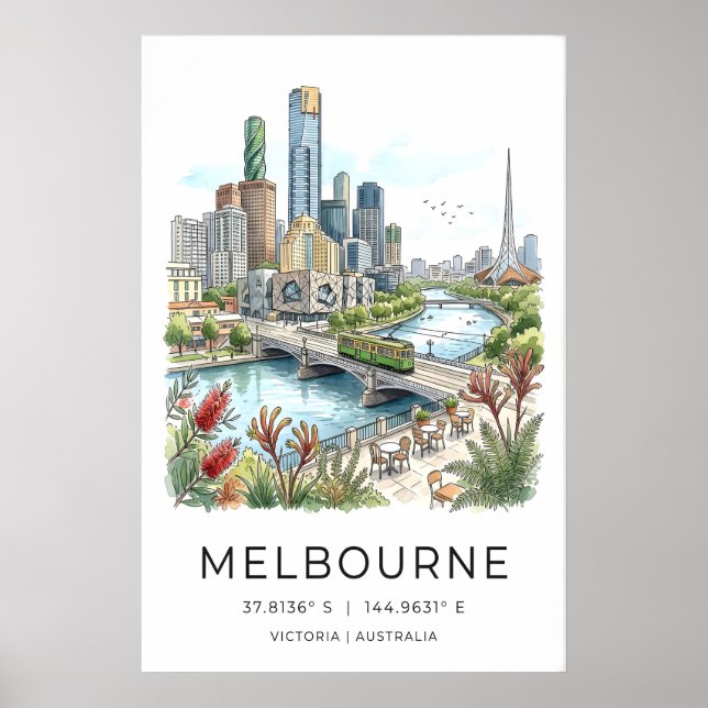 Poster Cartaz da Silhueta de Melbourne - Paisagem Urbana  (Frente)