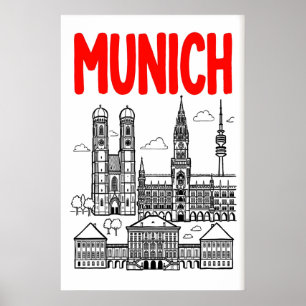 Poster Cartaz da Silhueta de Munique, Título Vermelho, Co