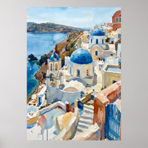 Poster Cartaz das cúpulas azuis de Santorini Grécia