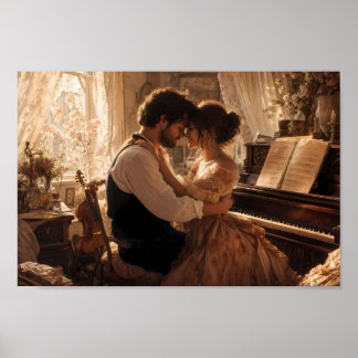 Poster Cartaz de Abraço Romântico ao Piano em Luz Dourada