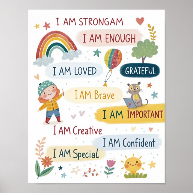 Poster Cartaz de Afirmações Positivas Arco-Íris para Cria (Frente)