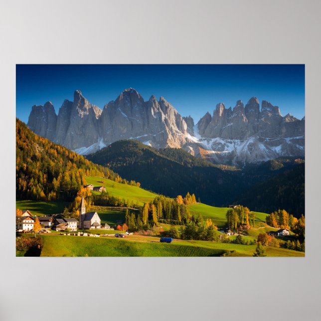 Poster cartaz de aldeia nas Dolomitas no outono (Frente)