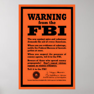 Poster Cartaz de Alerta de Espião e Sabotador do FBI da S