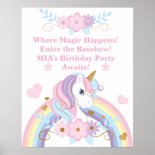 Poster Cartaz de aniversário com arco-íris de unicórnio e
