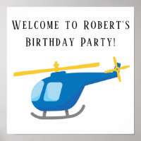 Cartaz de Aniversário de Helicóptero Amarelo Azul