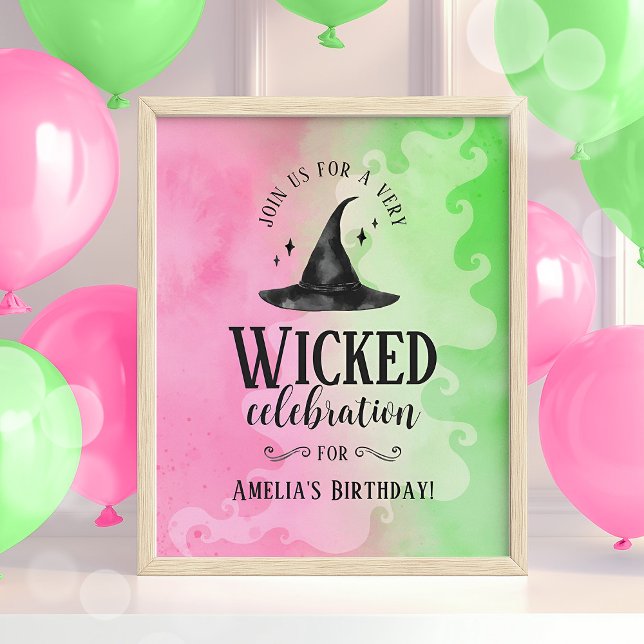 Poster Cartaz de Aniversário Malvado – Bruxa Rosa e Verde (Wicked Birthday Poster)