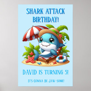 Poster Cartaz de Aniversário Praia Ataque de Tubarão No