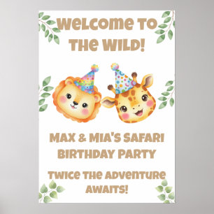 Poster Cartaz de Aniversário Twins Safari Bem-vindo ao