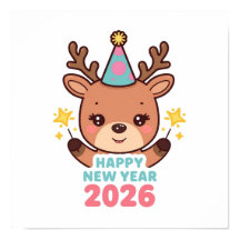 cartaz de ano novo 2026 com renas fofas e brilhant