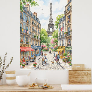 Poster Cartaz de aquarela da rua de Paris, Torre Eiffel n