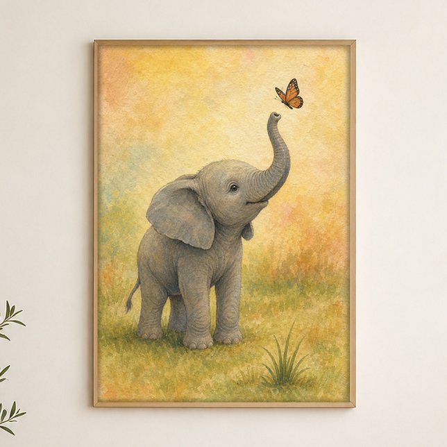Poster Cartaz de Aquarela de Bezerro de Elefante com Borb (Shown framed for scale. Poster ships unframed; frames are an optional add-on.)