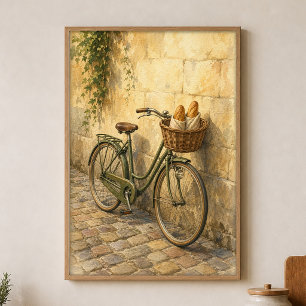 Poster Cartaz de Aquarela de Bicicleta com Cesta de Pão