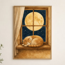 Poster Cartaz de Aquarela de Gato no Parapeito da Janela 