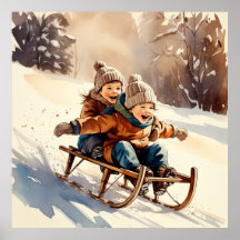 Cartaz de aquarela de inverno de passeio de trenó