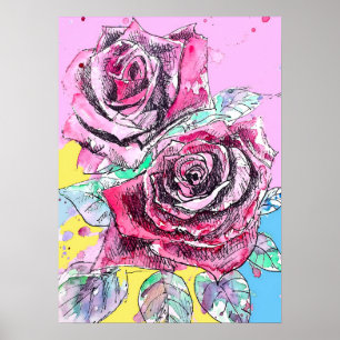 Poster Cartaz de Aquarela de Rosa Vermelha Floral