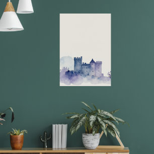 Poster Cartaz de Aquarela do Castelo Escocês Azul Nebulos