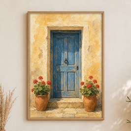 Poster Cartaz de Aquarela Porta Azul com Vasos de Gerânio