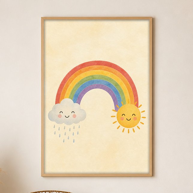 Poster Cartaz de Arte Boho em Gouache Arco-íris Chuva de  (Shown framed for scale. Poster ships unframed; frames are an optional add-on.)