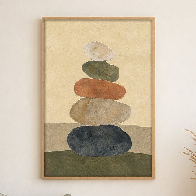 Poster Cartaz de Arte Boho em Gouache Riverstone Stack (Shown framed for scale. Poster ships unframed; frames are an optional add-on.)