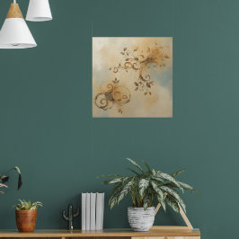 Poster Cartaz de Arte com Redemoinho Floral em Ouro Vinta