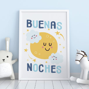 Poster Cartaz de Arte da Creche Feliz Lua e Estrelas em E