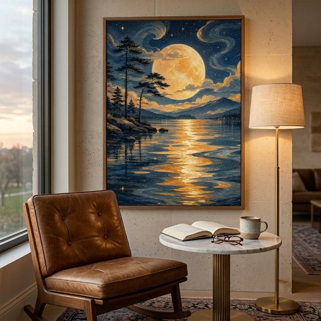 Poster Cartaz de Arte da Lua Dourada Sobre o Lago (Criador carregado)