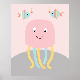 Poster Cartaz de Arte de Água-Viva Rosa da Vida Marinha F