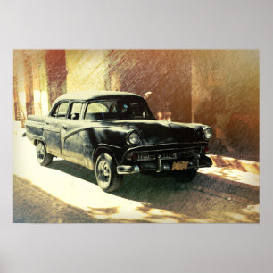 Póster Cartaz de arte de carro americano em Havana, Cuba