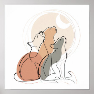 Poster Cartaz de Arte de Linha de Família de Gato Minimal
