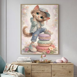 Poster Cartaz de Arte de Macaron de Gatinho Pastel Fofo