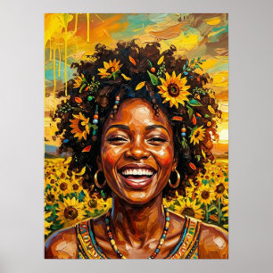Poster Cartaz de Arte de Mulher Negra com Girassol
