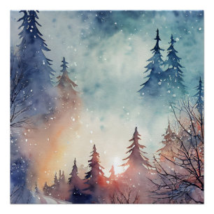 Póster Cartaz de Arte de Parede de Inverno em Aquarela