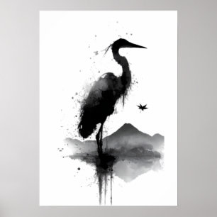 Poster Cartaz de Arte de Parede Zen do Grou Sumi-e Japonê