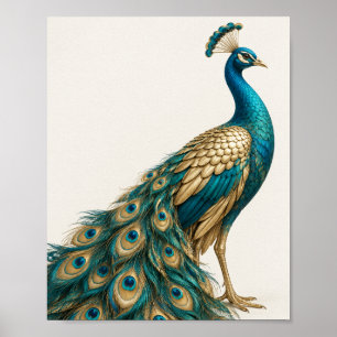 Poster Cartaz de Arte de Pavão Azul e Dourado Elegante