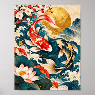 Poster Cartaz de Arte de Peixe Koi Japonês com Onda Doura