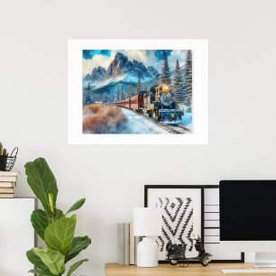 Poster Cartaz de Arte de Trem Locomotiva Aquarela