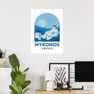 Poster Cartaz de Arte de Viagem Minimalista Azul de Mykon