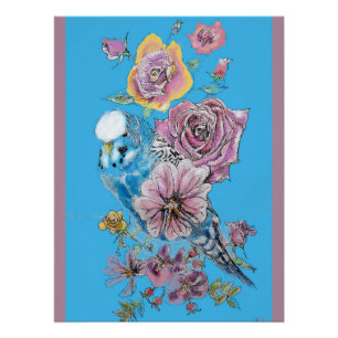 Póster Cartaz de arte em aquarela com passarinho azul e r