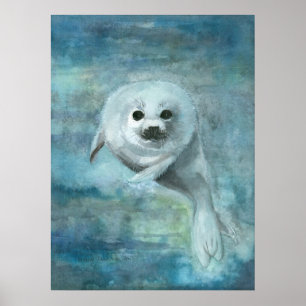 Poster Cartaz de Arte em Aquarela da Foca-da-Groenlândia