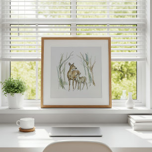 Poster Cartaz de Arte em Aquarela de Cervo e Filhote
