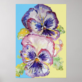 Poster Cartaz de Arte Floral de Pansy Roxa em Aquarela
