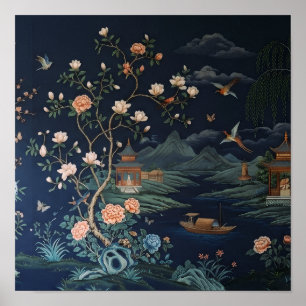 Poster Cartaz de Arte Floral e Paisagem Chinesa Vintage