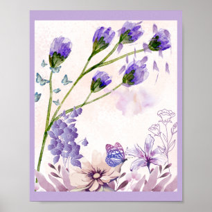 Poster Cartaz de Arte Floral Roxa Flores & Borboletas e