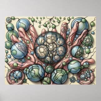 Poster Cartaz de Arte Neurográfica Esferas Verde Azul Flo