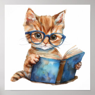 Poster Cartaz de Arte para Berçário Gato Lendo com Óculos